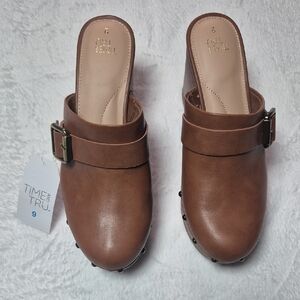 Time and Tru Women's Brown Buckle Heeled Clog Size 9